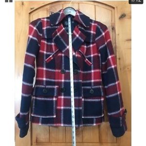 American Eagle Pea Coat Red White Blue Plaid